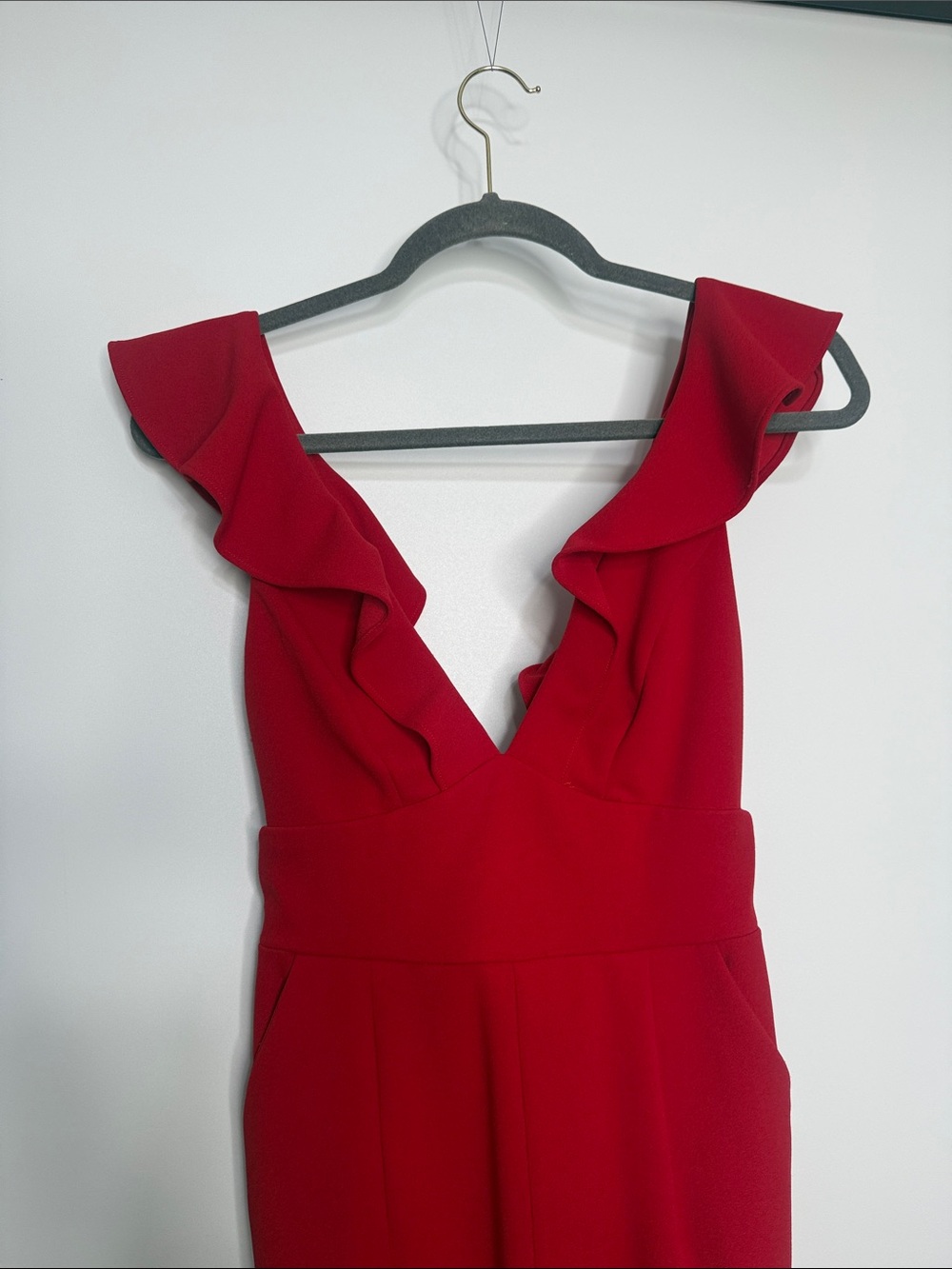 Lulu's Red V-Neck Ruffle Shoulder Jumpsuit - Picture 4 of 10